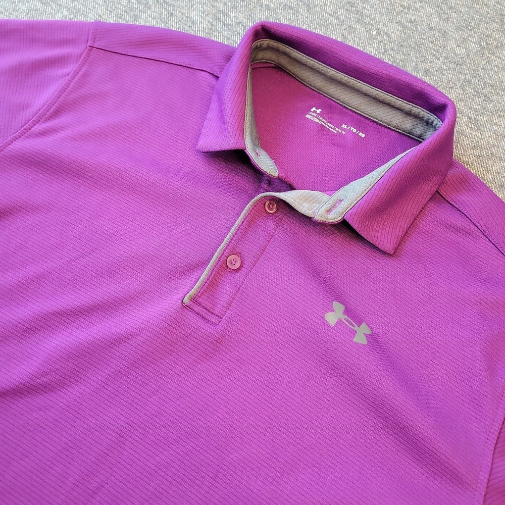 Under Armour Polo Shirt Men's XL Purple Striped Loose Stretch Golf Performance